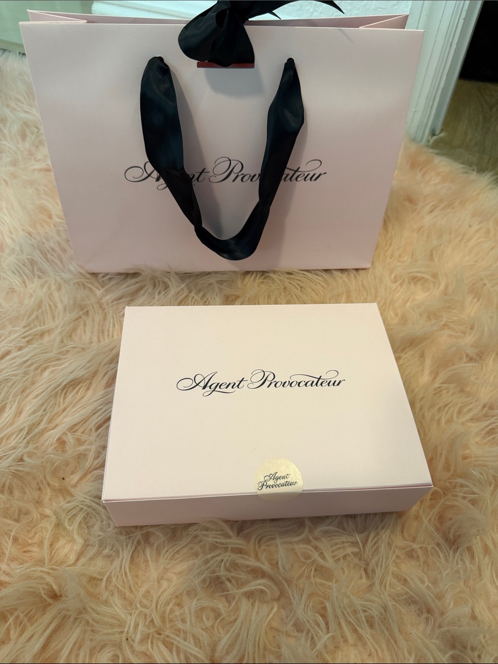 Agent Provocateur Pale Pink Gift Box & Bag with Black Ribbon Handles